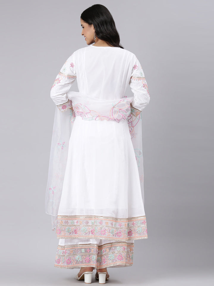 Neerus White solid panelled kurta suit set - side view
