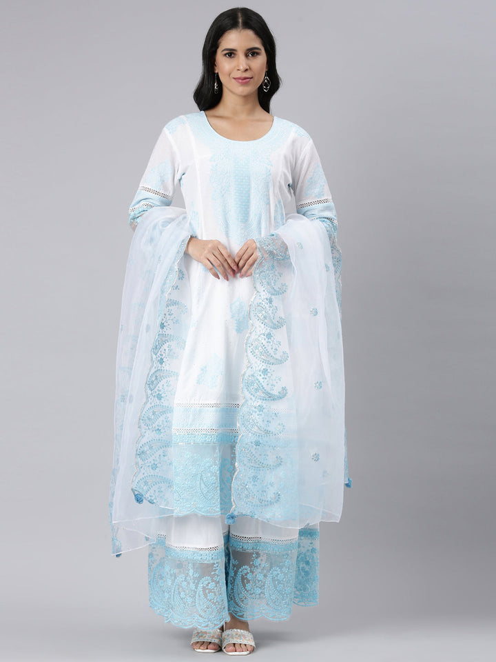 Neerus Blue Panelled Straight Embroidered Kurta and Palazzos With Dupatta
