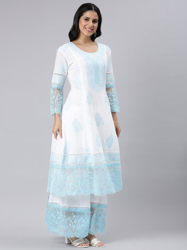 Neerus Blue Panelled Straight Embroidered Kurta and Palazzos With Dupatta