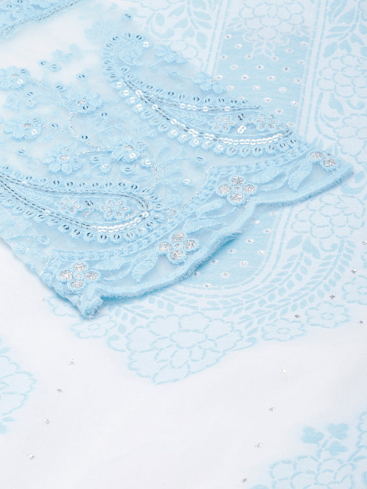 Neerus Blue Panelled Straight Embroidered Kurta and Palazzos With Dupatta