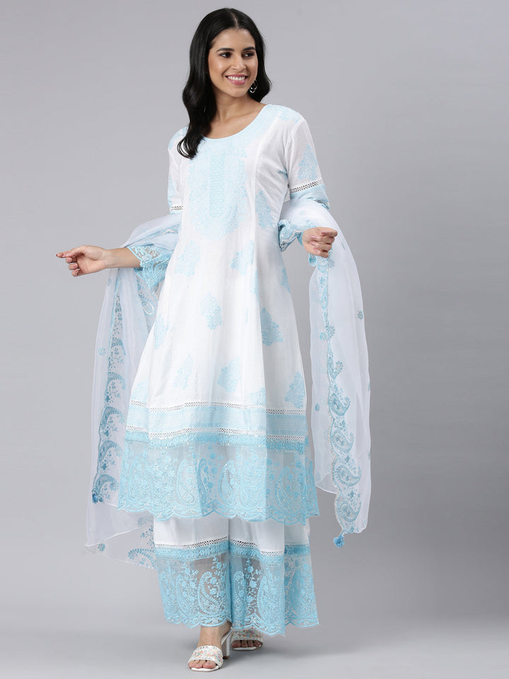 Neerus Blue Panelled Straight Embroidered Kurta and Palazzos With Dupatta