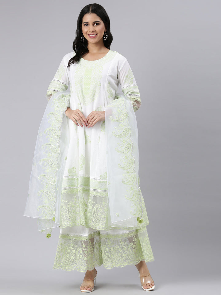 Neerus Green Panelled Straight Embroidered Kurta and Palazzos With Dupatta