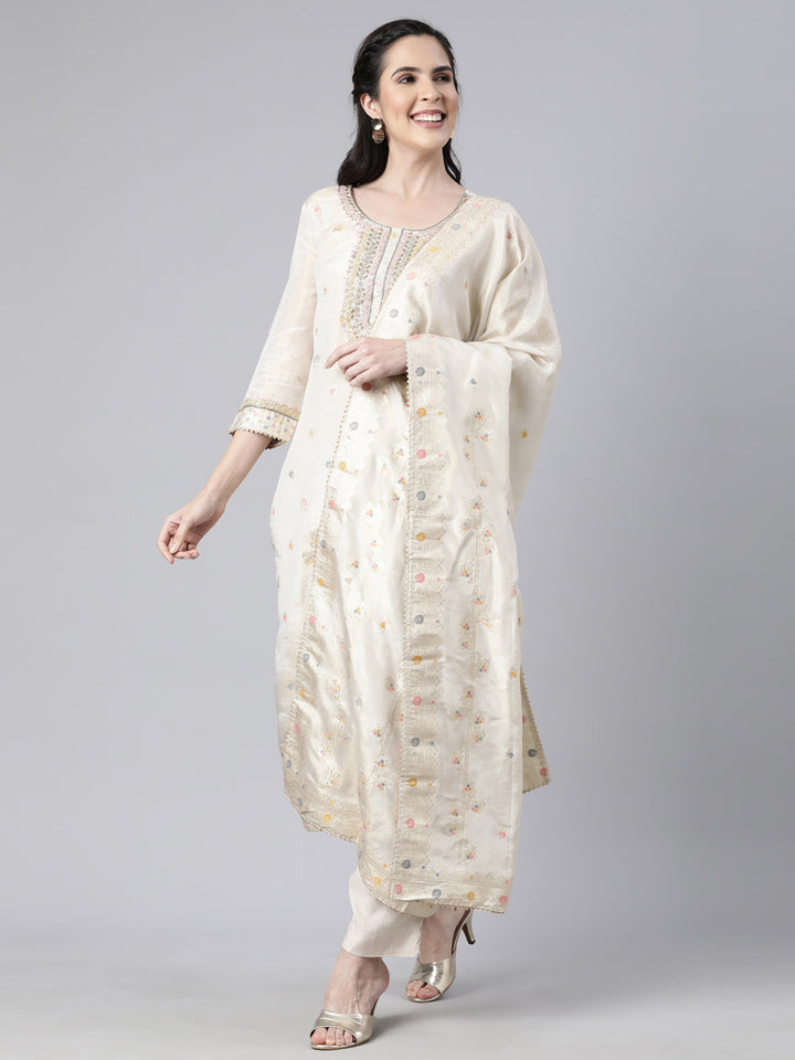 Neerus Beige printed floral suit set straight kurta with trouser and dupatta - detail view 1