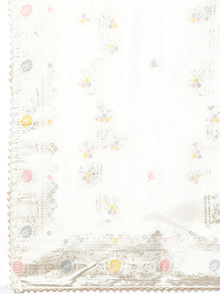 Neerus Beige printed floral suit set straight kurta with trouser and dupatta - detail view 3