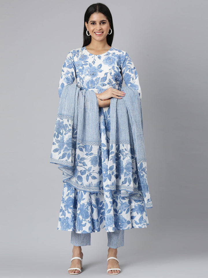 Neerus Blue printed panelled kurta suit set - front view