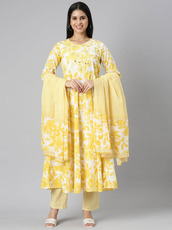 Neerus Mustard Panelled Curved Printed Kurta and Trousers With Dupatta