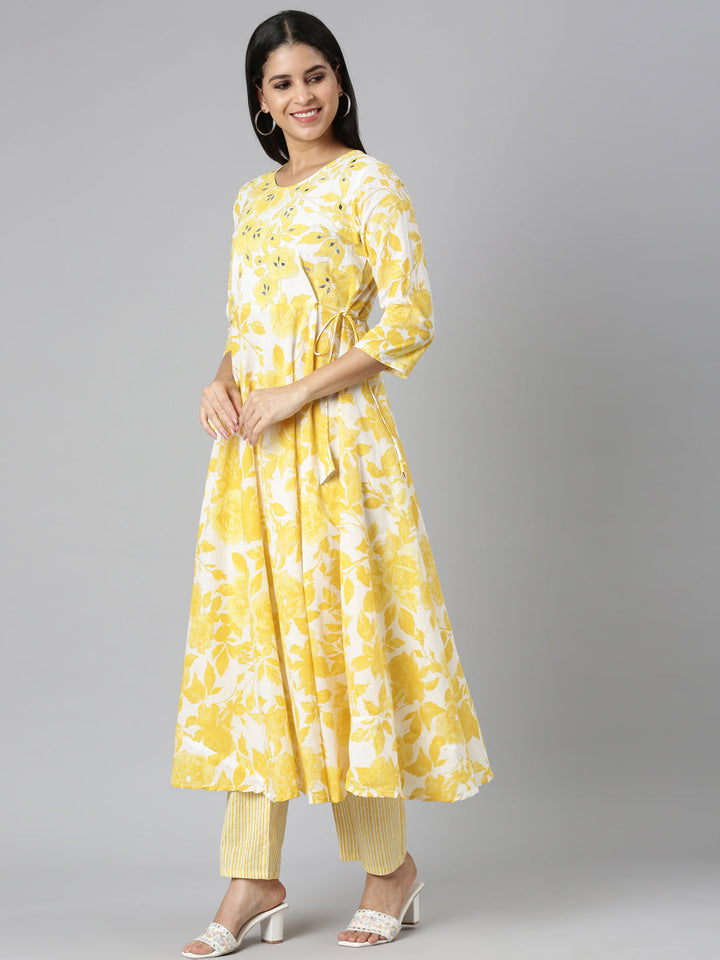Neerus Mustard Panelled Curved Printed Kurta and Trousers With Dupatta