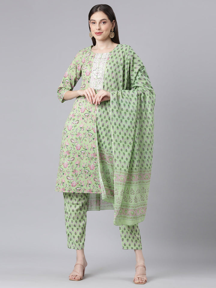 Neerus Lime Green Printed Straight Kurta and Trousers With Dupatta