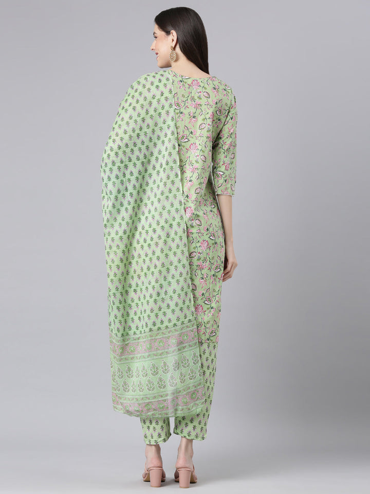 Neerus Lime Green Printed Straight Kurta and Trousers With Dupatta