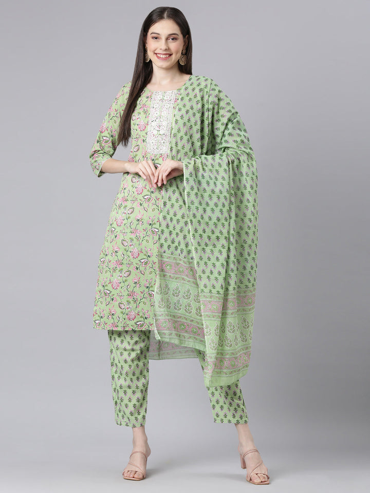 Neerus Lime Green Printed Straight Kurta and Trousers With Dupatta