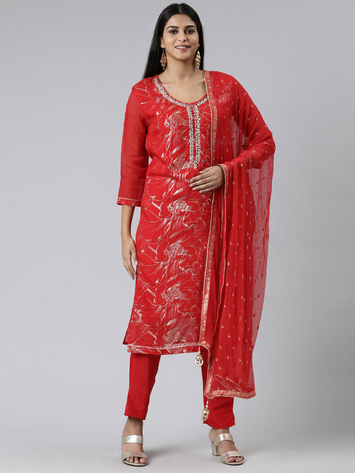 Neerus Red Chanderi Cotton printed kurta set - front view