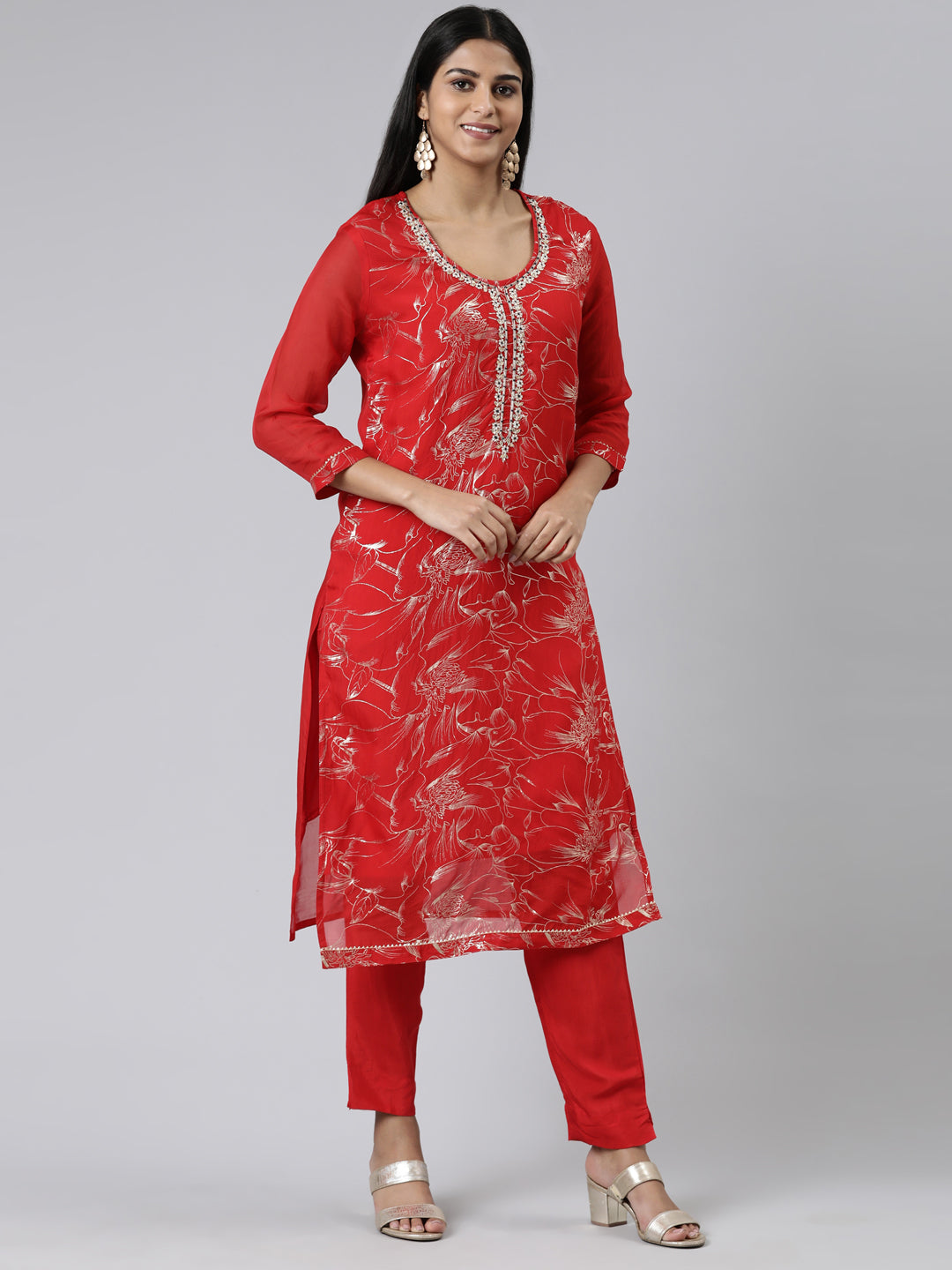 Neerus Red Chanderi Cotton printed kurta set - back view