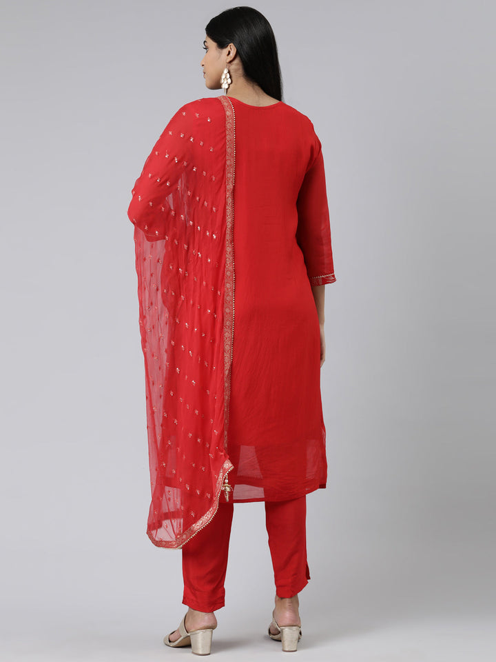 Neerus Red Chanderi Cotton printed kurta set - side view