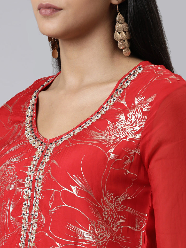 Neerus Red Chanderi Cotton printed kurta set - detail view 1