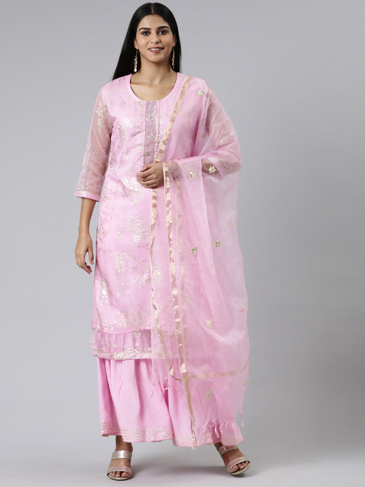 Neerus Pink Chanderi Cotton printed kurta set - front view