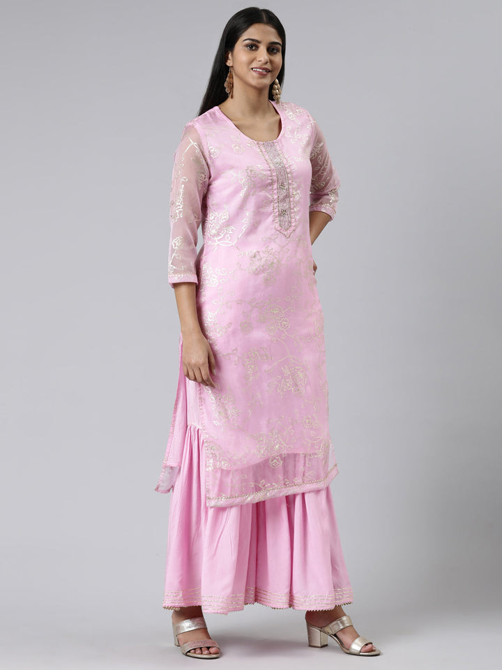 Neerus Pink Chanderi Cotton printed kurta set - back view