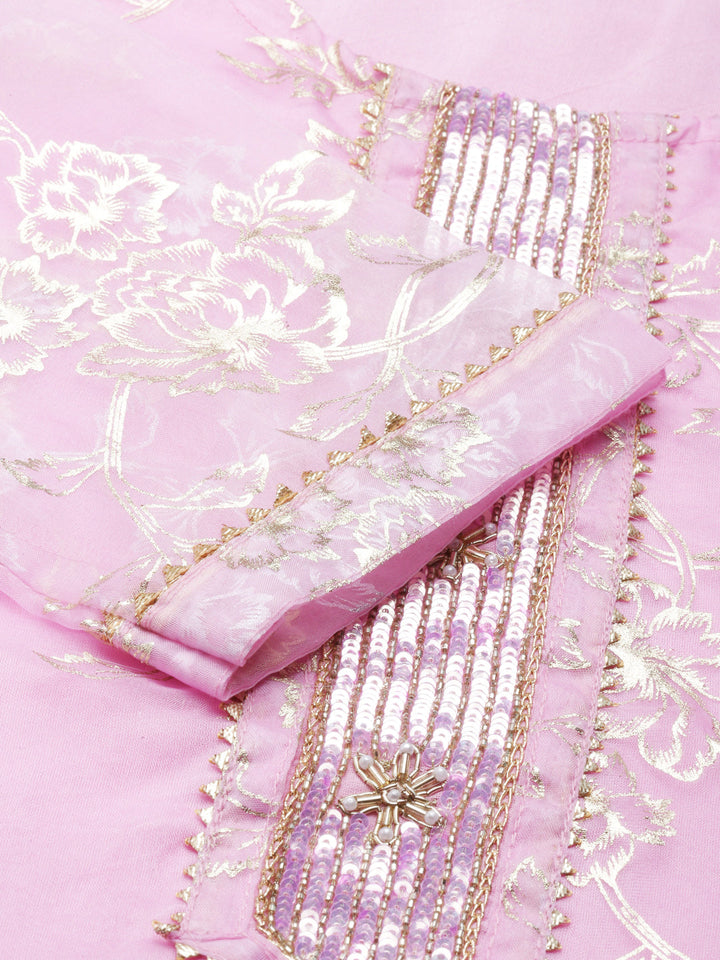 Neerus Pink Chanderi Cotton printed kurta set - detail view 2