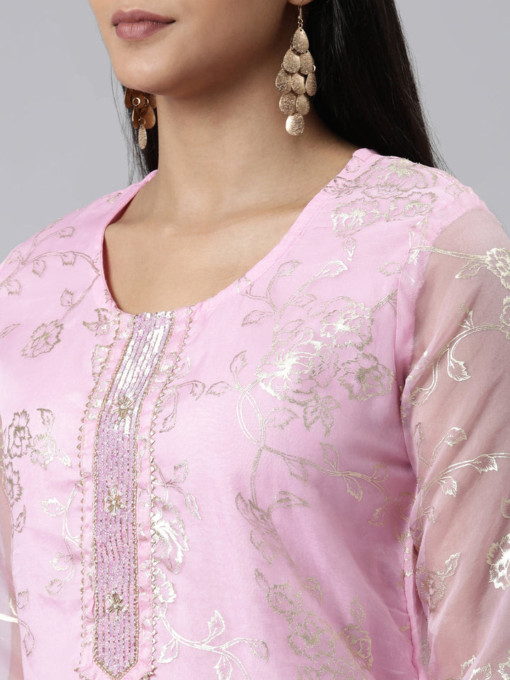Neerus Pink Chanderi Cotton printed kurta set - detail view 1