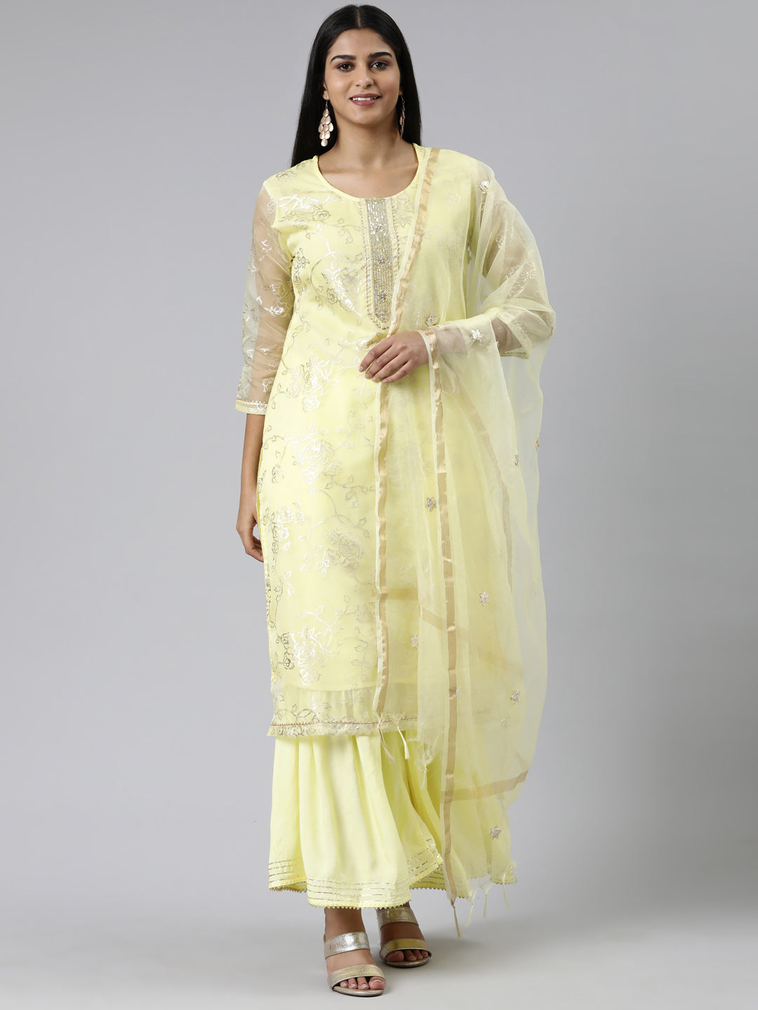 Neerus Yellow Chanderi Cotton Printed Kurta Set - front view