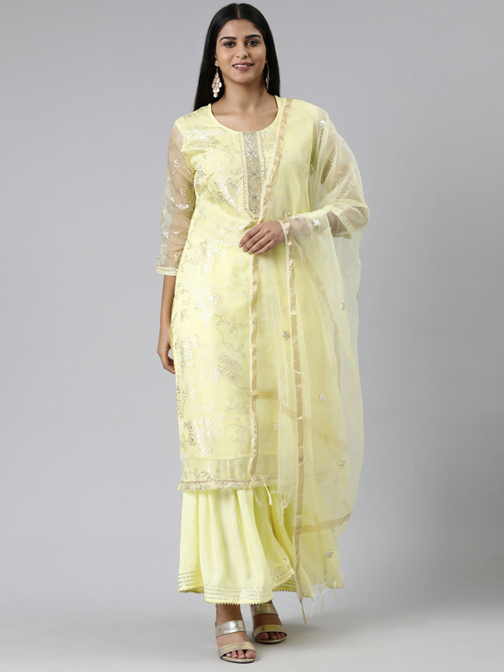 Neerus Yellow Chanderi Cotton Printed Kurta Set - front view