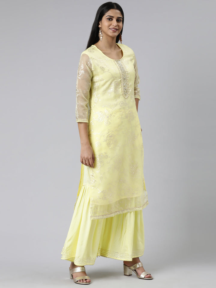 Neerus Yellow Chanderi Cotton Printed Kurta Set - back view