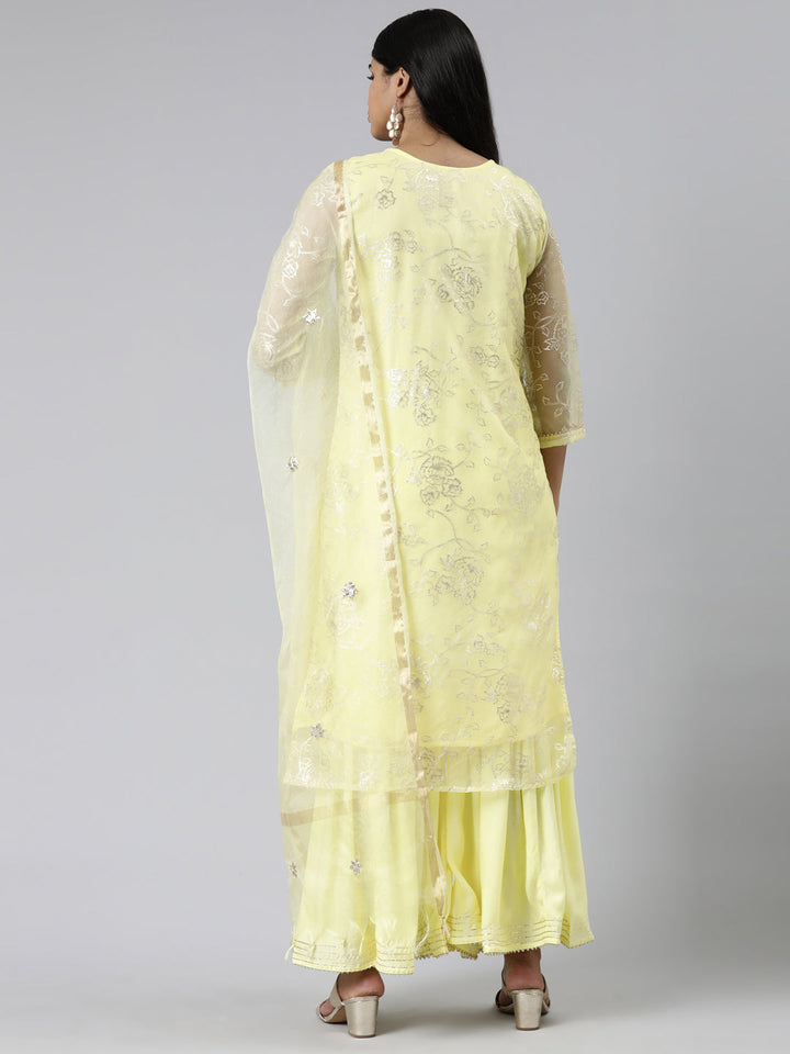 Neerus Yellow Chanderi Cotton Printed Kurta Set - side view