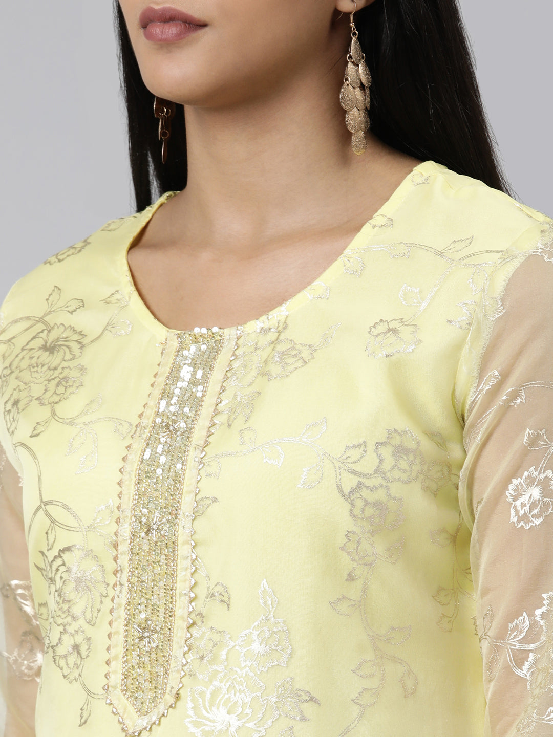 Neerus Yellow Chanderi Cotton Printed Kurta Set - detail view 1