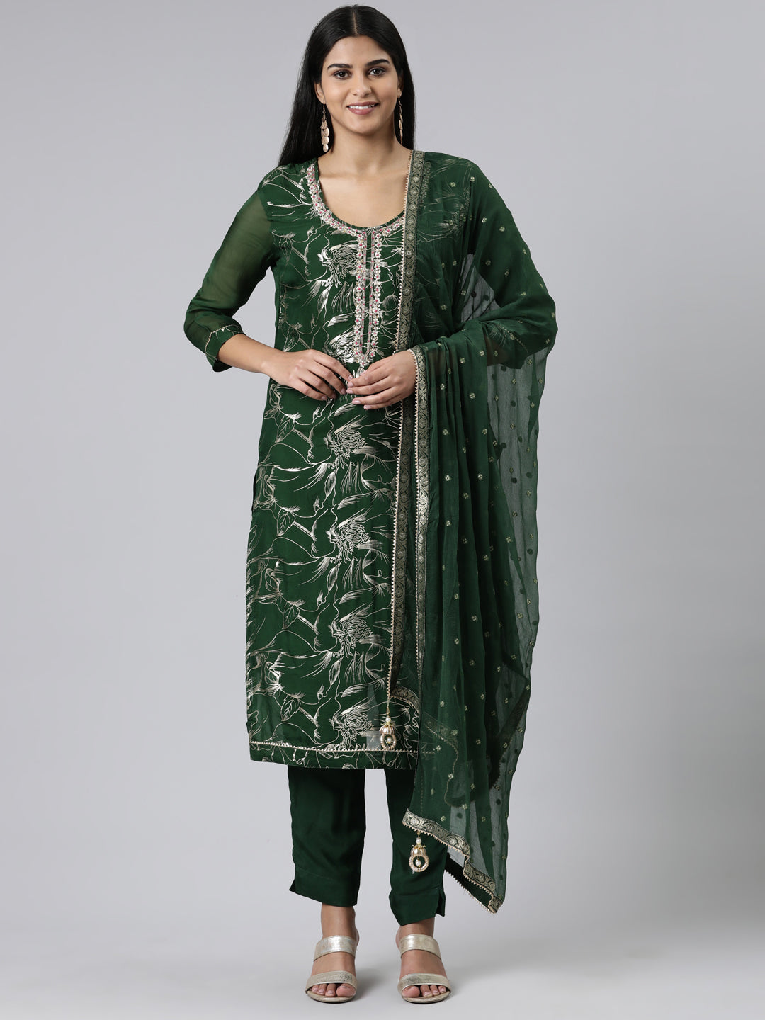 Neerus Green Chanderi Cotton Printed Kurta Set - front view