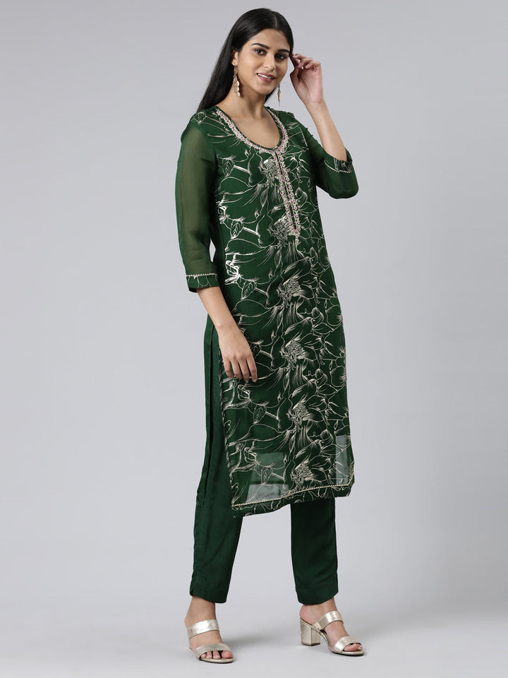 Neerus Green Chanderi Cotton Printed Kurta Set - back view