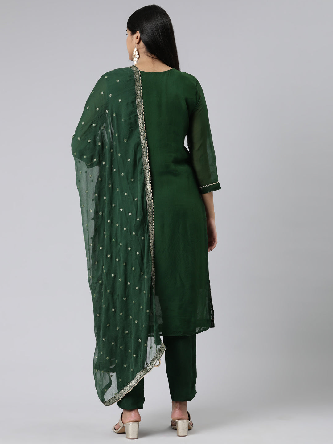 Neerus Green Chanderi Cotton Printed Kurta Set - side view