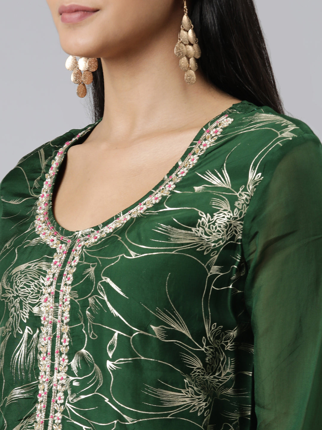 Neerus Green Chanderi Cotton Printed Kurta Set - detail view 1