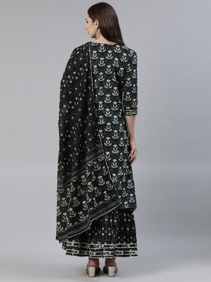 Neerus Grey cotton printed kurta sharara set with dupatta - side view