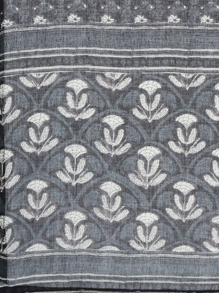 Neerus Grey cotton printed kurta sharara set with dupatta - detail view 4
