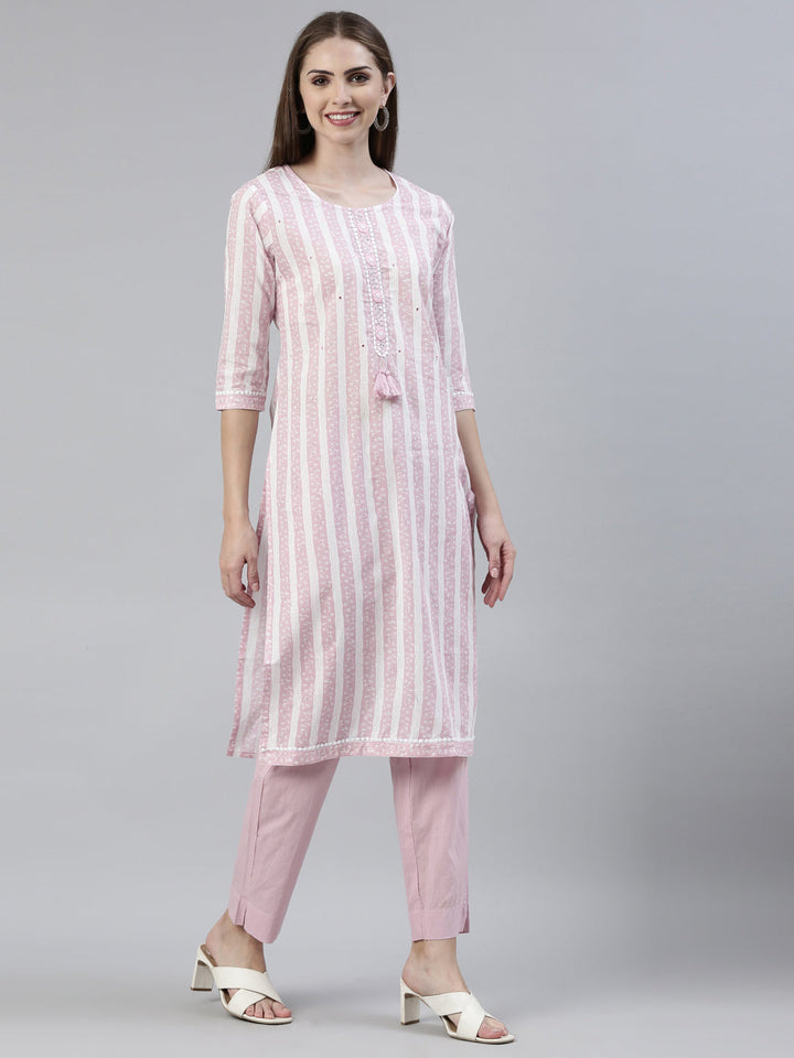 Neerus Pink solid straight kurta set with trouser and dupatta - back view