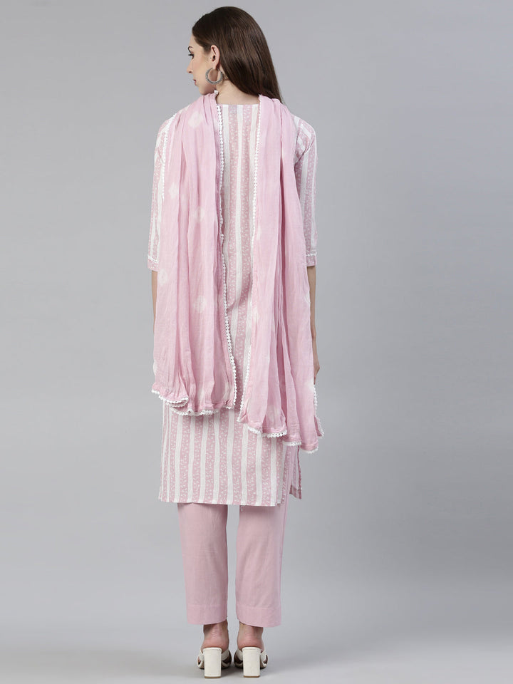 Neerus Pink solid straight kurta set with trouser and dupatta - side view