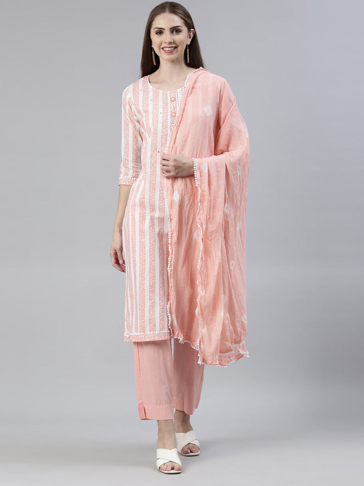 Neerus Orange solid straight kurta set with trouser and dupatta - front view