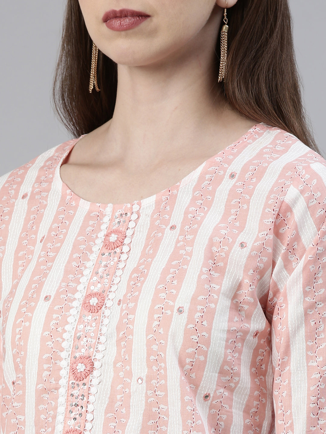 Neerus Orange solid straight kurta set with trouser and dupatta - detail view 1
