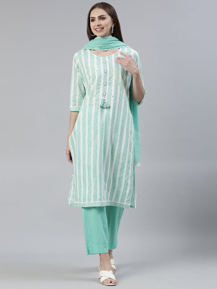 Neerus Green cotton solid kurta set with trouser and dupatta - front view