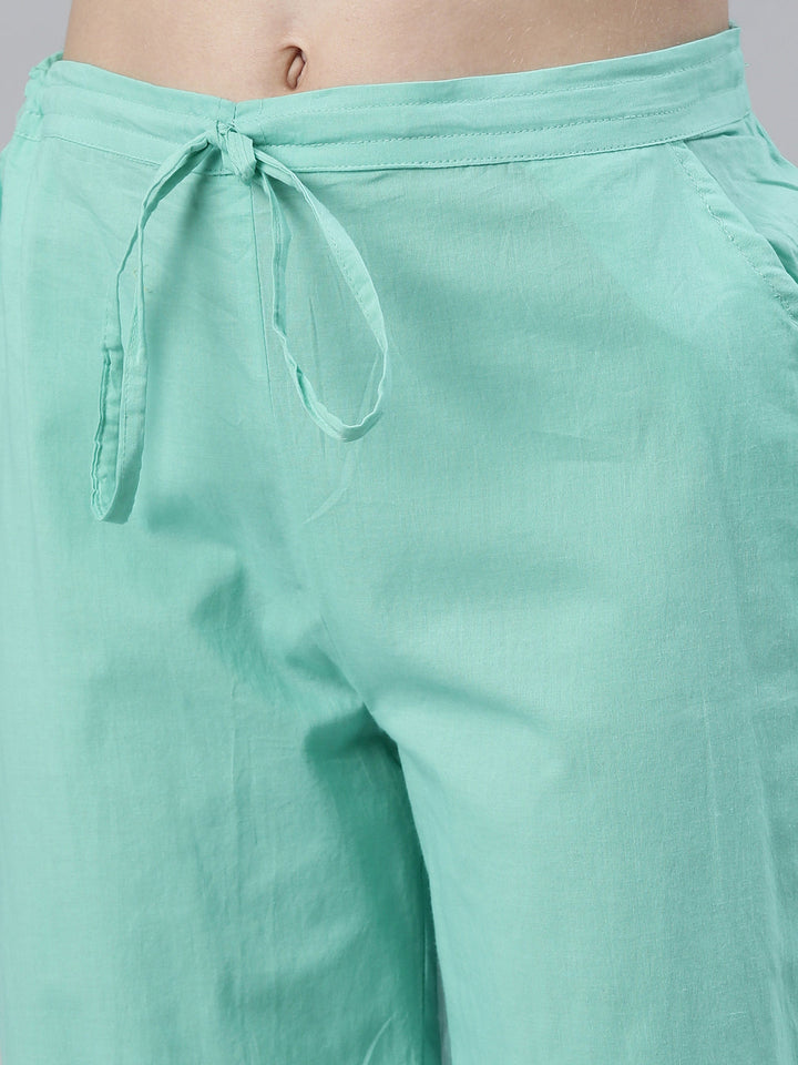 Neerus Green cotton solid kurta set with trouser and dupatta - detail view 3