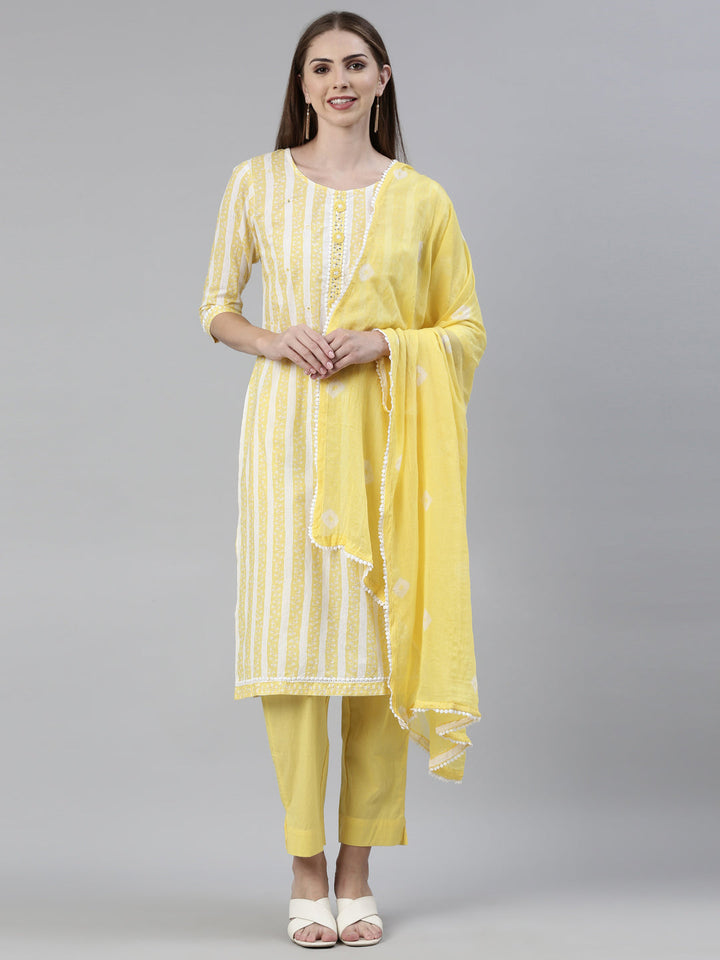 Neerus Yellow solid straight kurta set with trouser and dupatta - front view