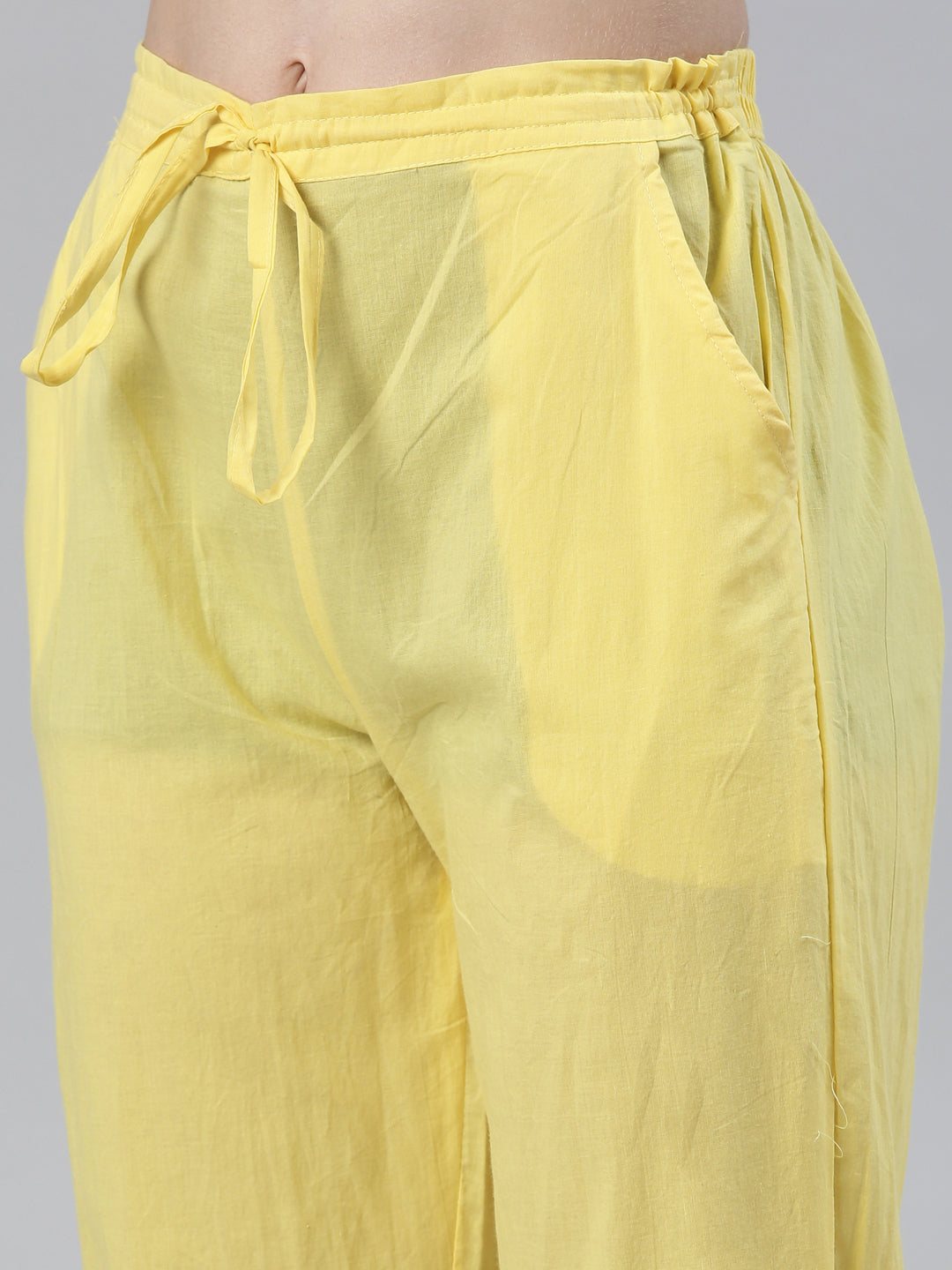 Neerus Yellow solid straight kurta set with trouser and dupatta - detail view 2