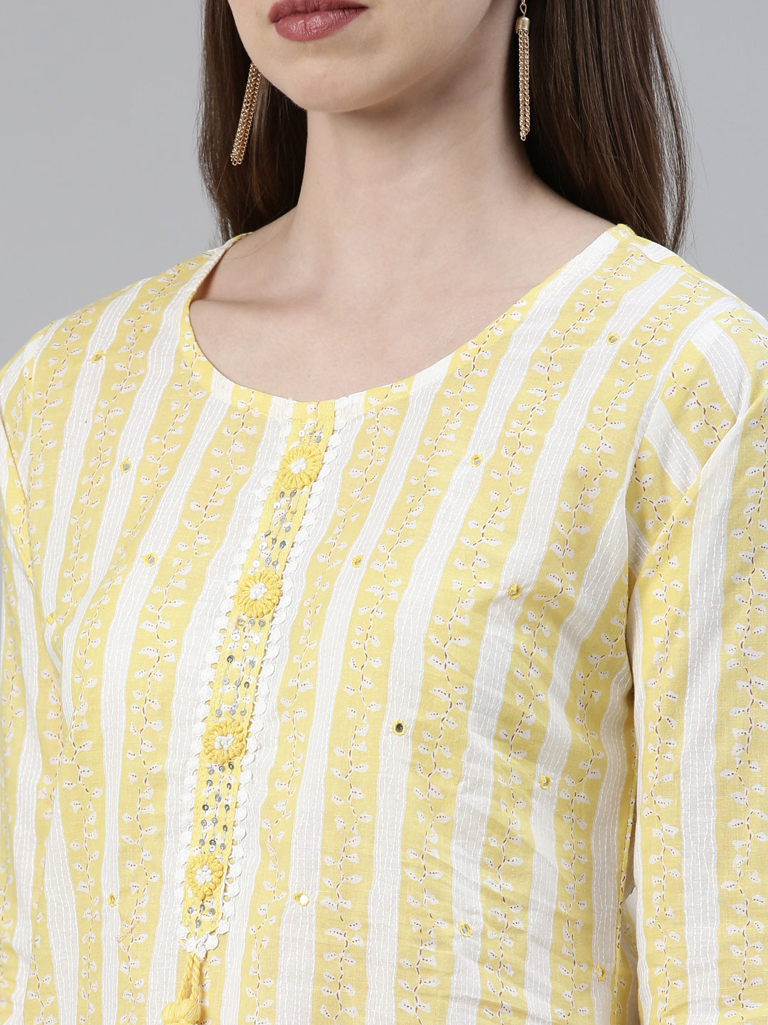 Neerus Yellow solid straight kurta set with trouser and dupatta - detail view 1