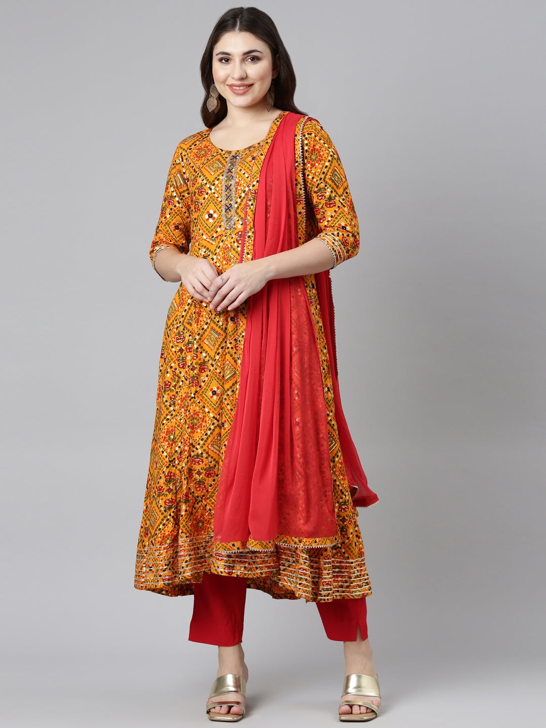 Neerus Yellow printed straight kurta set with dupatta - front view
