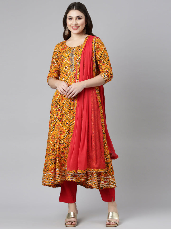 Neerus Yellow printed straight kurta set with dupatta - front view