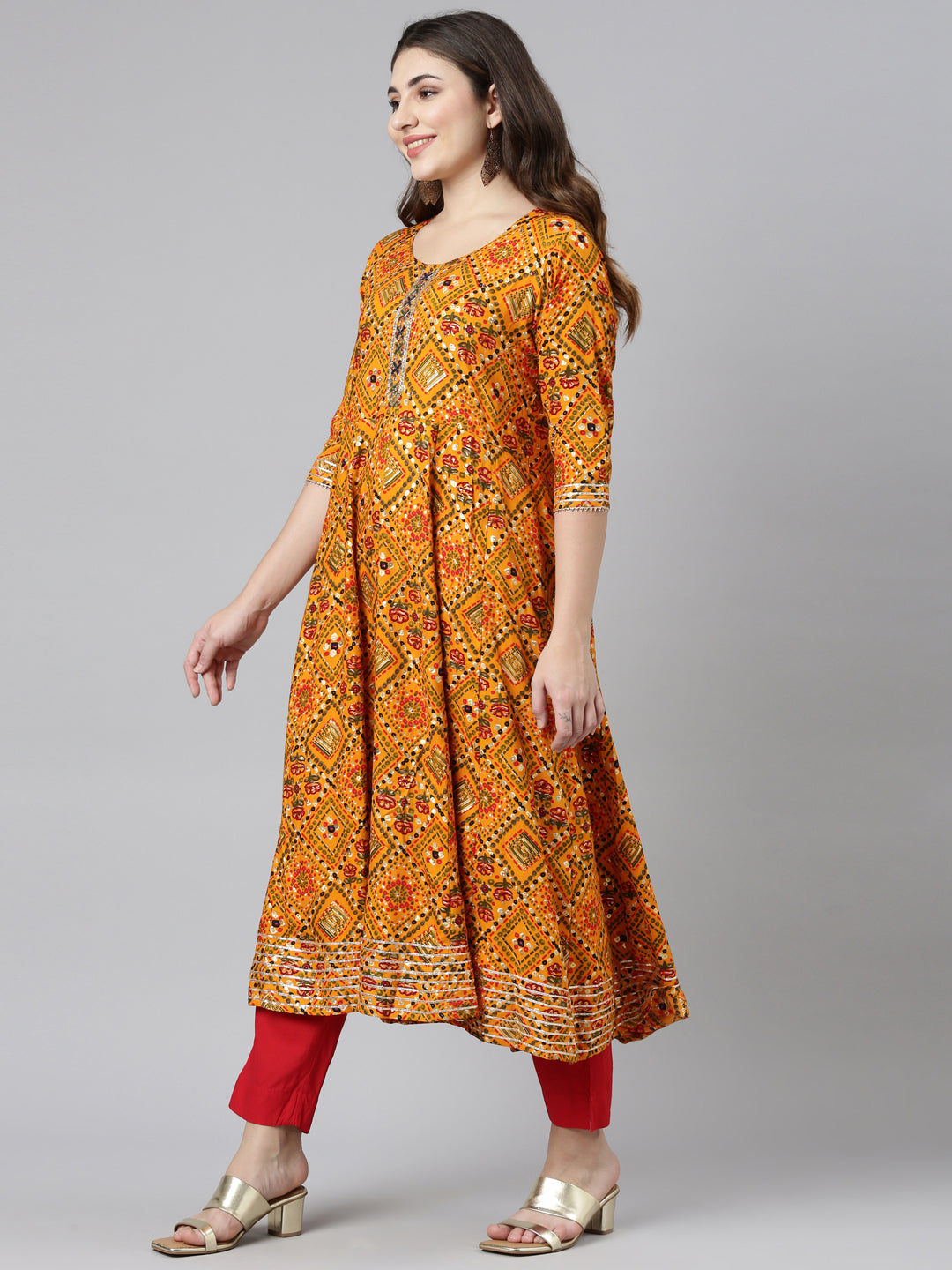 Neerus Yellow printed straight kurta set with dupatta - back view