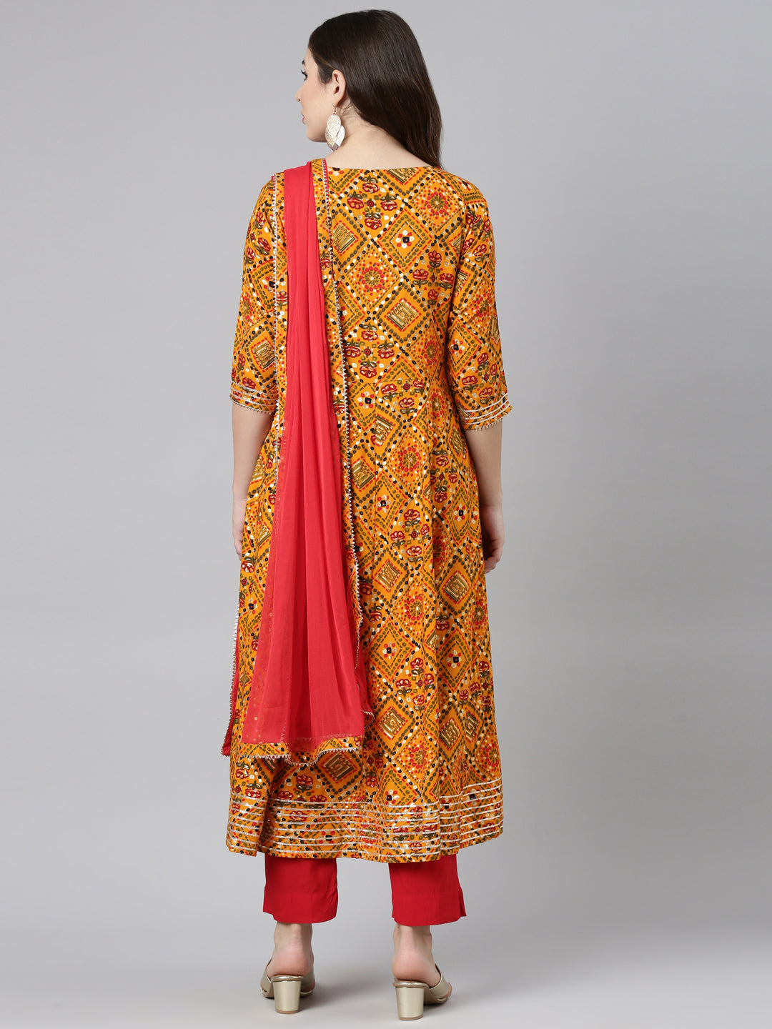 Neerus Yellow printed straight kurta set with dupatta - side view