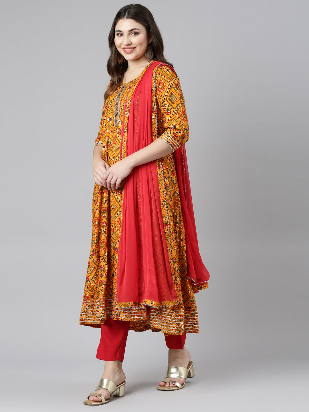 Neerus Yellow printed straight kurta set with dupatta - detail view 2