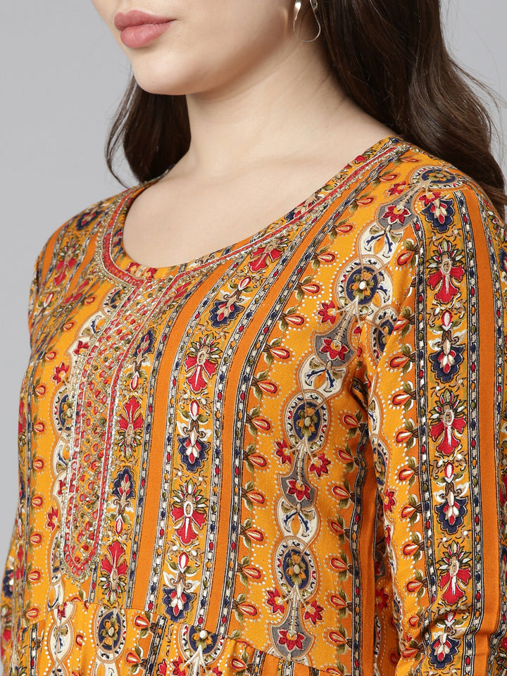 Neerus Yellow printed straight kurta set with trouser and dupatta - detail view 1