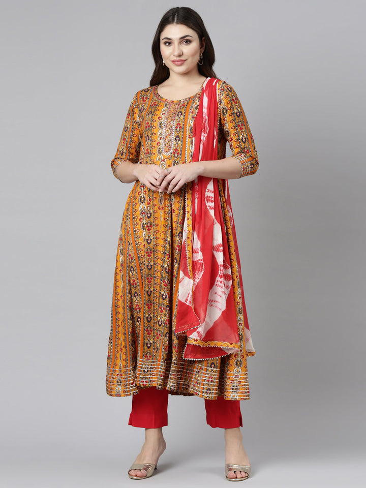 Neerus Yellow printed straight kurta set with trouser and dupatta - front view