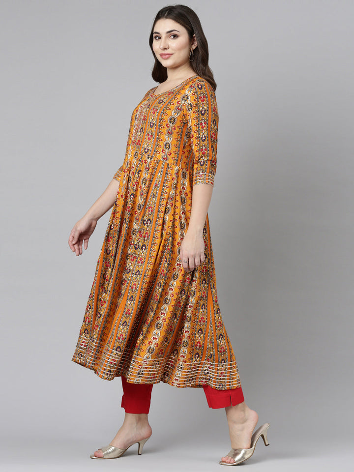 Neerus Yellow printed straight kurta set with trouser and dupatta - back view